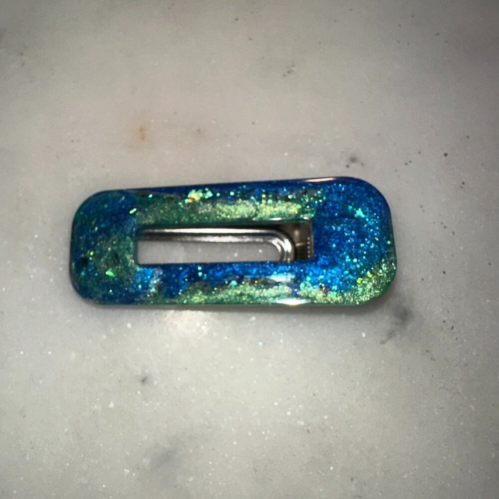 Handmade Blue and Green Chunky Glitter Resin Hair Clip